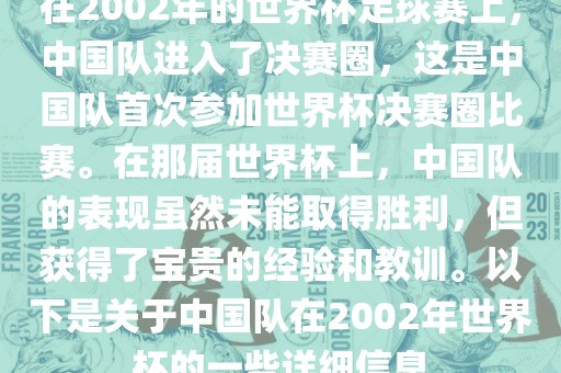 在2002年的世界杯足球赛上,中国队进入了决赛圈,这是中国队首次参加世界杯决赛圈比赛。在那届世界杯上,中国队的表现虽然未能取得胜利,但获得了宝贵的经验和教训。以下是关于中国队在2002年世界杯的一些详细信息
