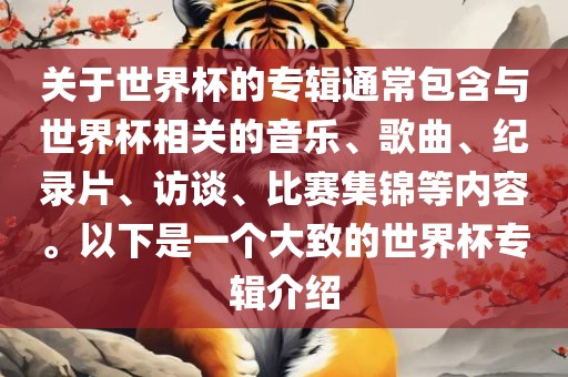 关于世界杯的专辑通常包含与世界杯相关的音乐、歌曲、纪录片、访谈、比赛集锦等内容。以下是一个大致的世界杯专辑介绍