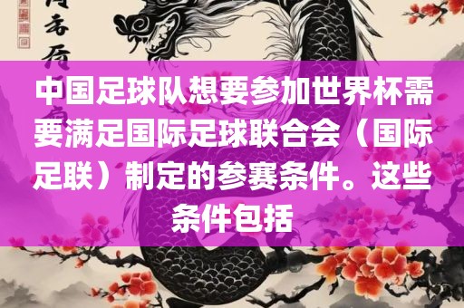 中国足球队想要参加世界杯需要满足国际足球联合会（国际足联）制定的参赛条件。这些条件包括